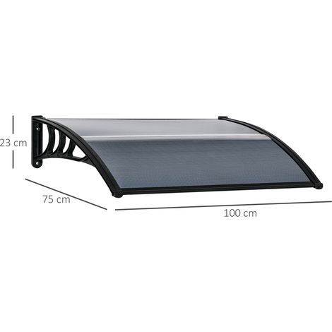 Auvent adossé 100x75 cm en alu et polycarbonate, protection UV, noir, pour balcon, entrée ou terrasse. Résiste à la pluie et au soleil. (1/5)