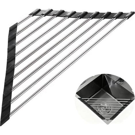 Égouttoir d'évier pliable 23,5 x 23,5 x 41 cm en acier inoxydable, amovible, support d'égouttage polyvalent pour vaisselle et cuisine, noir (1/5)