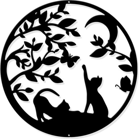 Décoration Murale en Métal avec des Chats, Noir Tenture Décor Silhouette Mur Art pour la Maison Chambre Salon Salle de Bains Cuisine Bureau Jardin Hôtel Décoration Murale, 30cm de Diamètre (1/5)