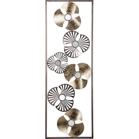 Atmosphera – Décoration murale en métal fleurs dorées 31 x 89 cm – Fer et verre – Miroirs ronds pour embellissement intérieur