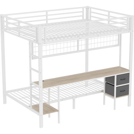 Lit mezzanine, 90200 et 140200, cadre en fer, tiroirs, étagères pour objets, grille de suspension pour objets, bureau, bande LED 7 couleurs, port USB, sans matelas, blanc (1/5)