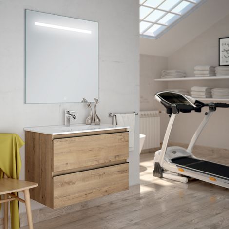 Meuble de salle de bain simple vasque - 2 tiroirs - TOURA et miroir Led STAM - 80cm (1/3)