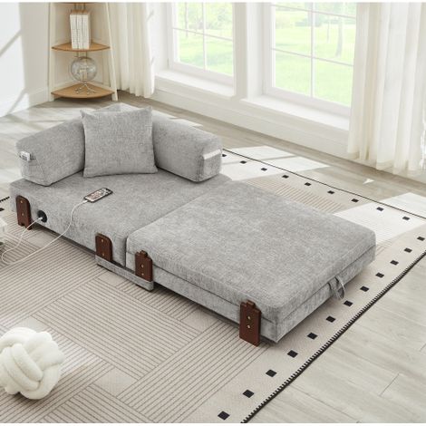 Canapé pliable 2-en-1 (avec fonction couchage, ports USB et Type-C, et espace de rangement) — Canapé-lit compact avec accoudoirs, conçu pour les petits espaces (chambres d'amis, combles) — Gris clair (1/4)