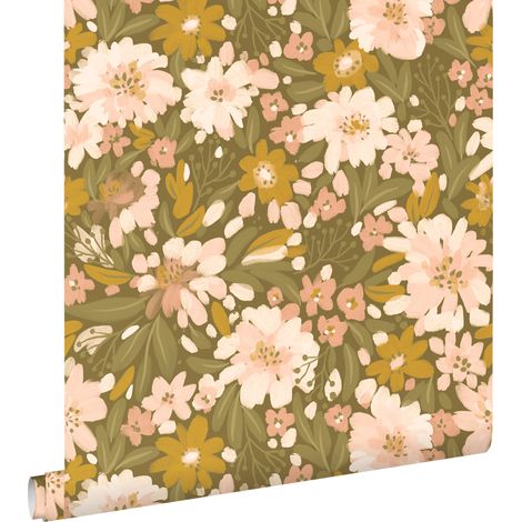 papier peint fleurs vert olive grisé, rose clair et jaune moutarde - ESTAhome (1/5)