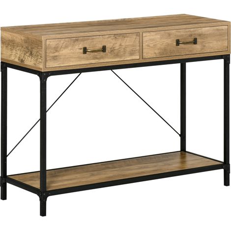 HOMCOM Table Console Table d'appoint d'entrée Industriel dim. 100L x 35l x 76H cm avec 2 tiroirs et 1 plateau Aspect Bois