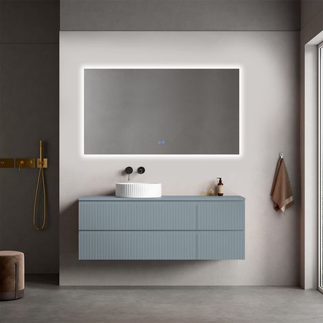 Mobile bagno sospeso cannettato reversibile 140 cm Blu Avio per Lavabo d'appoggio Specchio Quadro Retroilluminato - Fiji Paint Top Canneté (1/4)
