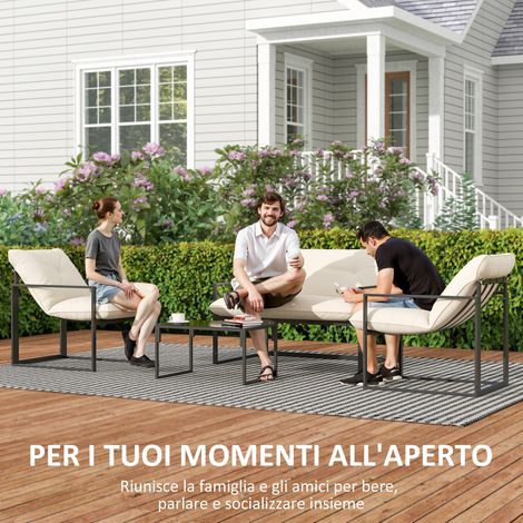 Canapé d'extérieur 4 pièces : fauteuils duo, sofa et table basse, acier, polyester, coton PP, teintes beige et gris (1/5)