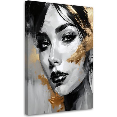 Quadro su tela, Ritratto di donna Acquerello Monocromatico Accenti dorati - 80x120 (1/3)