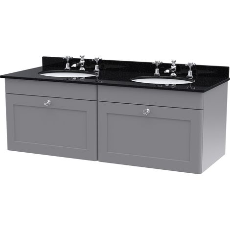 Nuie Classique Satin Grey 1200mm Wall Hung 2 Drawer Vanity Unit with Black Marble Countertop and 2 Round Basins with 6 Tap Holes - CLC294BR6 (1/2)