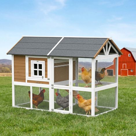 Pollaio con recinto, nido, vassoio estraibile, tetto in asfalto, per 4 galline, 200x104x145 cm, legno, marrone (1/5)