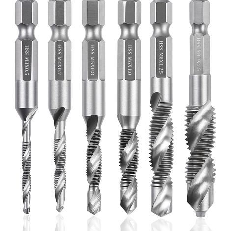 Lot de 6 tarauds hélicoïdaux HSS M3 M4 M5 M6 M8 M10 - Ensemble de forets combinés et tarauds avec tige hexagonale pour accessoires perceuse, filières, bois, plastique (1/5)