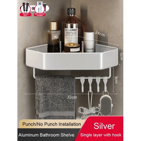 (1 argenté avec crochet) Étagère de salle de bain sans perçage, étagère d'angle en aluminium, panier triangulaire mural, organisateur de rangement pour salle de douche FR2006 (1/5)