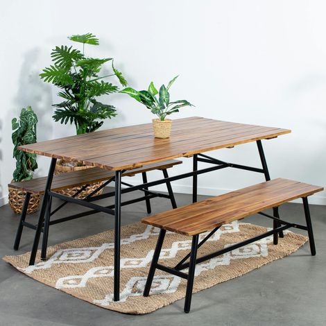 Salon de jardin en bois d'acacia (1 table à manger 160 cm + 2 bancs 130 cm) BAHIA (1/5)
