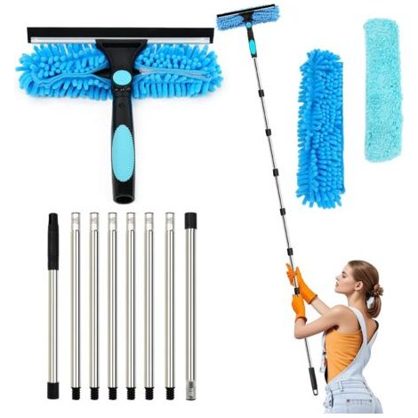 3-in-1 Fensterreiniger – Professioneller 3,1 m Silikonabzieher + Mikrofaserbürste + 270° drehbarer Kopf, Blau – Teleskop-Fensterreinigungsset