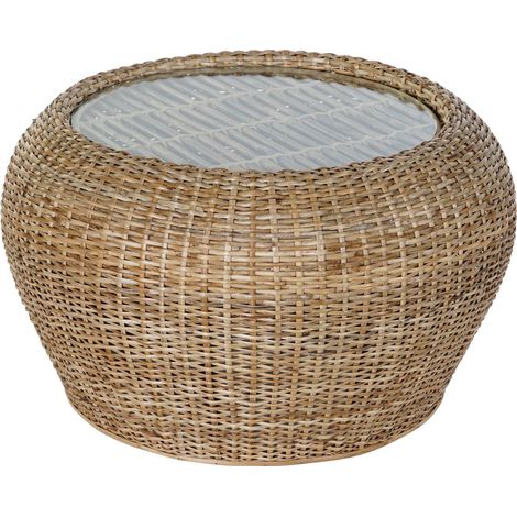 Table basse en bois de rotin naturel et verre - diamètre 82 x hauteur 48 cm -PEGANE- (1/5)