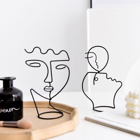 Lot de 2 Sculptures filaires, Style Arty. Hauteur 19 cm. Ornements d'Art de Visage Abstrait Nordique, Support de Bijoux Rétro pour la Maison, Ornements de Décoration de Personnage d'Artisanat en Métal (1/5)