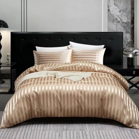 Bettwäsche-Set Satin 155x220cm Gold Gestreift mit 2 Kissenbezügen 80x80cm