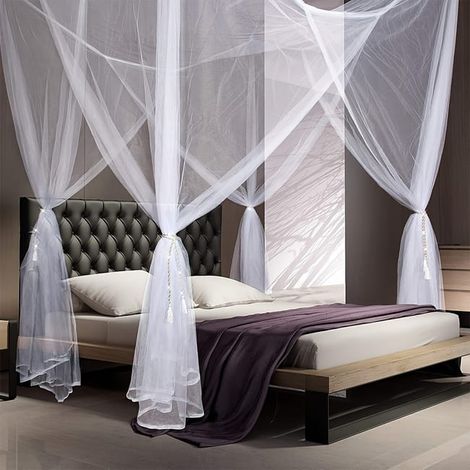 Square bed mosquito net 190×210×240 cm – 100% polyester – 4 openings – suitable for Queen/King bed – mosquito protection – easy installation, white (1/5)