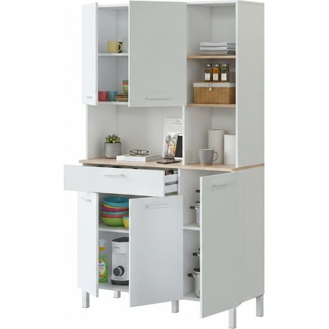 Armadio multiuso grande Abbaio, Mobile ausiliario da cucina, Credenza a 5 ante e 1 cassetto, Armadio aperto, 108x40h186 cm, Bianco e Rovere