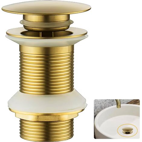 1 Bonde de lavabo, laiton doré brossé, mécanisme clic-clac, sans trop-plein, pour salle de bain
