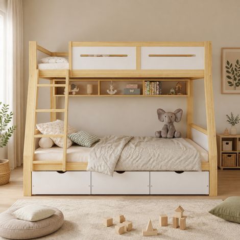 Litera infantil 90x200/120x200 cm con 3 cajones, estantería para libros y escalera (1/5)