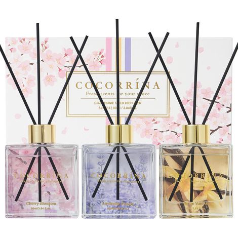 Diffuseur Parfum Maison, 3 x 90ml avec 24 Diffuseur Bâtonnets Diffuseur de Parfum, Decoration pour Chambre, Salon, Salle de Bain(Fleur de Cerisier/Vanille Chaude/Lavande Thym) (1/5)