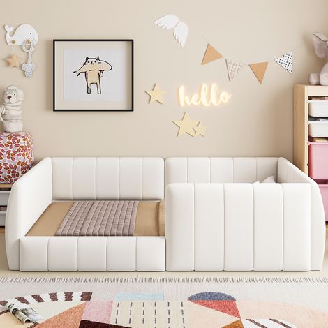 lit rembourrée capitonné 90x200cm avec barrières de sécurité tête de plateforme, Lit simple design moderne confortable pour chambre enfant ado, beige