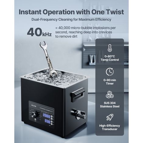 Nettoyeur à Ultrasons 10 L, Appareil de Nettoyage par Ultrasons avec Commande par Bouton, en Inox, avec Panier et Boule de Nettoyage, pour Montres, Rasoirs, Bijoux, Pièces de Monnaie, Noir (1/5)