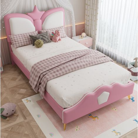 MEUBLIV Cama infantil 90x200 cm rosa y blanco – cabecero corona, sin colchón (1/5)