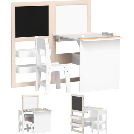 Set Tavolo e Sedia per Bambini 3-8 Anni con Lavagna Nera, Lavagna Bianca, Contenitori e Rotolo di Carta, Bianco (1/5)