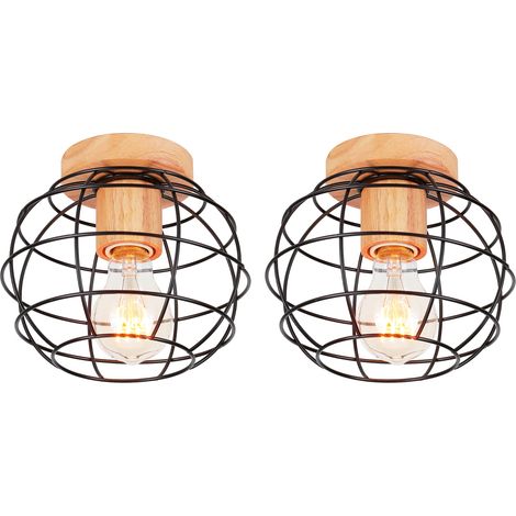 2 Pack Vintage Ceiling Light Industrial in Wood Metal Lamp E27 40W with Round Lampshade for Corridor Stairs Entrance Bedroom Black (1/5)