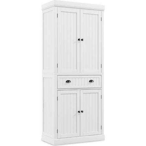 Mobile dispensa da cucina alto 183cm con ripiani regolabili 2 ante e cassetto, Mobile credenza da soggiorno Bianco (1/4)