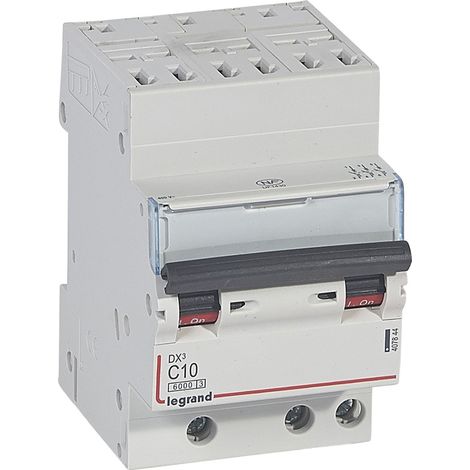 Disjoncteur DX³6000 10kA arrivée haute automatique départ bas à vis 3 Pôles 400V 10A courbe C LEGRAND 407844