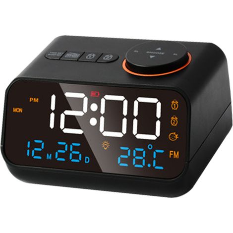 Radio-réveil multifonction LED rechargeable avec alarme musicale et radio FM, réglage rotatif des stations, noir (1/5)