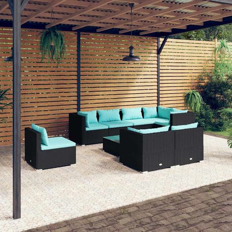 Salon de jardin 9 pcs Ensemble Table et Chaise de Jardin - avec coussins Résine tressée Noir BV618448 - BonneVie (1/5)