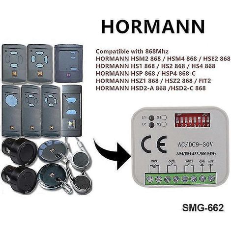Récepteur Hormann 868, télécommande 2 canaux, interrupteur à relais 9-30 V CA/CC, bouton bleu, compatible HSE4, HSM2 et HSM4, contrôleur d'ouverture de portail 868 MHz Yalo (1/5)