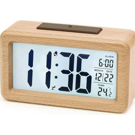 Reveil Numerique - Bois De Hetre - Ecran LCD 11x5 5 Cm - Rétroéclairage Automatique - Affichage Heure Date Temperature - Alimentation Piles AAA - 1 Unite (1/4)