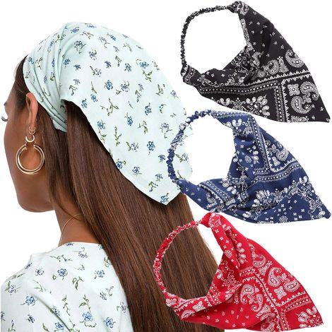 Foulard élastique à fleurs pour cheveux - Lot de 3 foulards imprimés à fleurs avec pinces à cheveux, bandanas pour femmes (1/2)