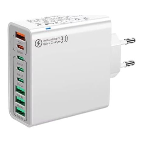 120W Chargeur USB C, Chargeur Rapide 3.0 avec 4 USB-A + 4 USB-C, 8 Ports Prise Multiple, 65W Adaptateur Chargeur Compatible avec MacBook Pro/Air Laptop, iPhone, iPad Pro, Galaxy
