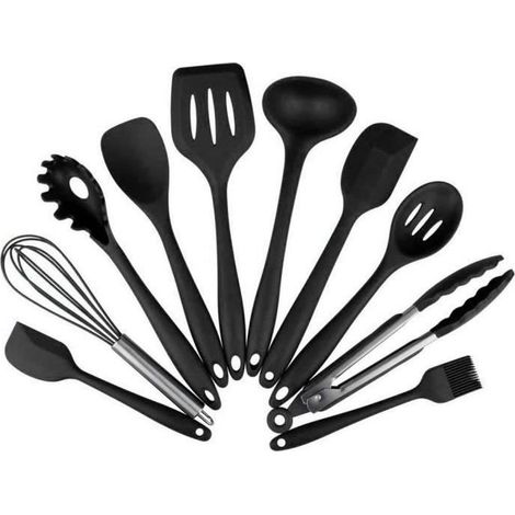 Lot de 10 ustensiles de Cuisine en Silicone - Résistants à la Chaleur Pinces de Cuisine antiadhésives, Fouet, Spatule Pinceau à (1/4)