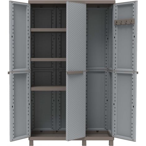 Armoire de jardin en polypropylène effet rotin – Trois portes – Dimensions 102x39xh170 cm – Résistante aux intempéries – Compartiments réglables – Terry
