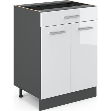 Mobiletto base per cucina R-Line, Bianco lucido, 60 cm con cassetto, senza piano di lavoro, Vicco