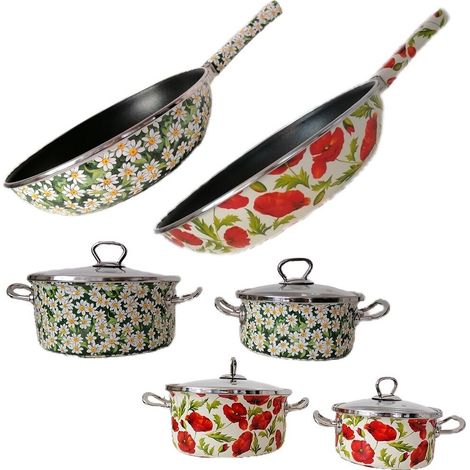 Padella casseruole con coperchio fiori papavero rosso margherite bianche 5 pezzi antiaderenti colori primavera - decoro: decoro margherita (1/4)