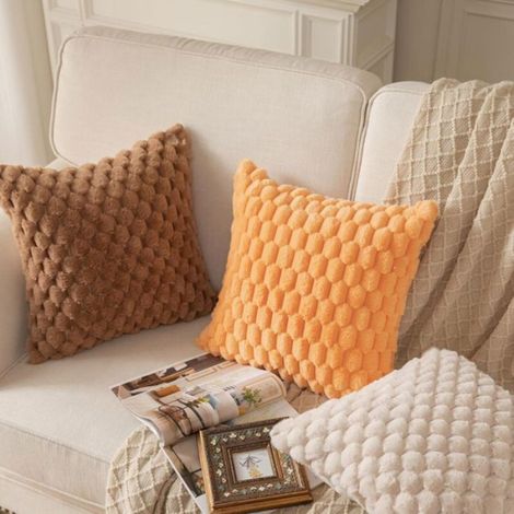 Taie Doreiller - Fausse Fourrure - 50x50 Cm - Beige - Lot De 2 (1/5)