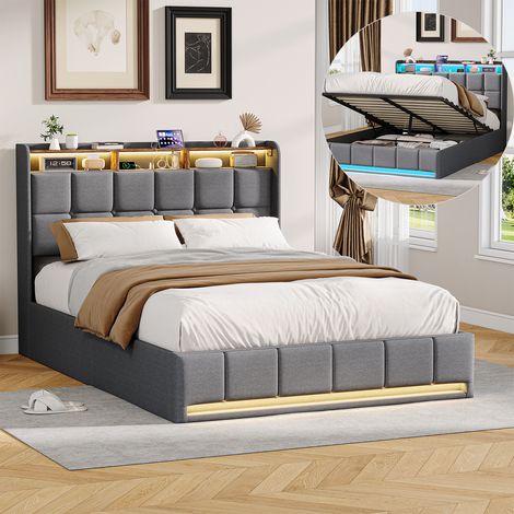 BSMGSGN-Letto Matrimoniale Contenitore 160x200 cm in Lino Grigio, con Luci LED e Porta USB, Sollevamento Idraulico, Testiera con Mensole e Rete a Doghe, Imbottito, Senza Materasso (1/5)