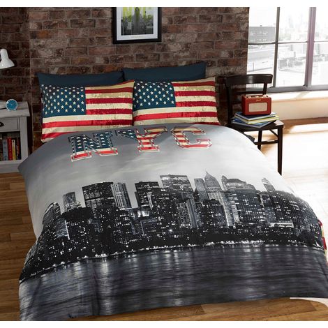 New York King-Size Set biancheria da letto matrimoniale reversibile, Copripiumino e 2 federe, Motivo: NYC, Multicolore (1/4)