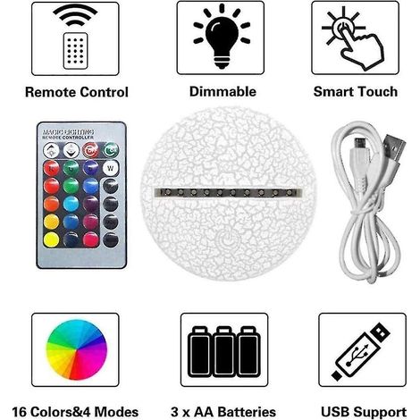 Lampe à illusion 3D, 7 couleurs à changement optique, lumière tactile, USB et télécommande, style Art Déco, pour une ambiance romantique (1/4)