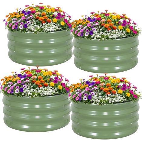 Lot de 4 parterres de jardin ronds surélevés en métal galvanisé pour fleurs, légumes, herbes, vert olive - 0,6 x 0,6 x 0,3 m (1/5)
