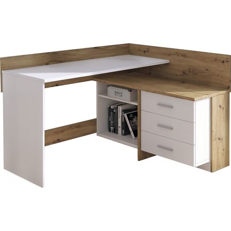 Dmora - Scrivania Hudson, Scrittoio multiuso, Tavolo per ufficio porta PC, Piano di lavoro, 130x112h82 cm, Bianco e Rovere Nodi (1/3)