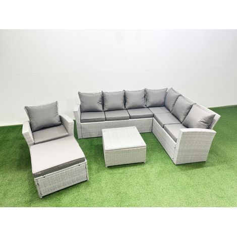 Fimous Rattan Garden Outdoor Furniture Set 8 Seater Rattan Garden Sofa Set with Armchair Big Footstool Light Grey Mixed (1/4)